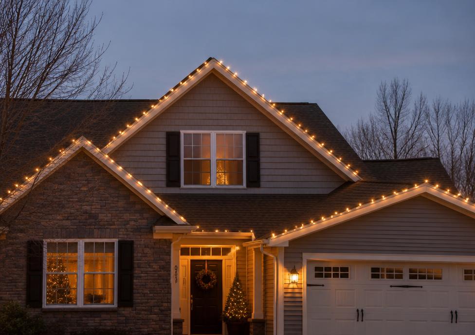 House roofline lit with warm Christmas lights